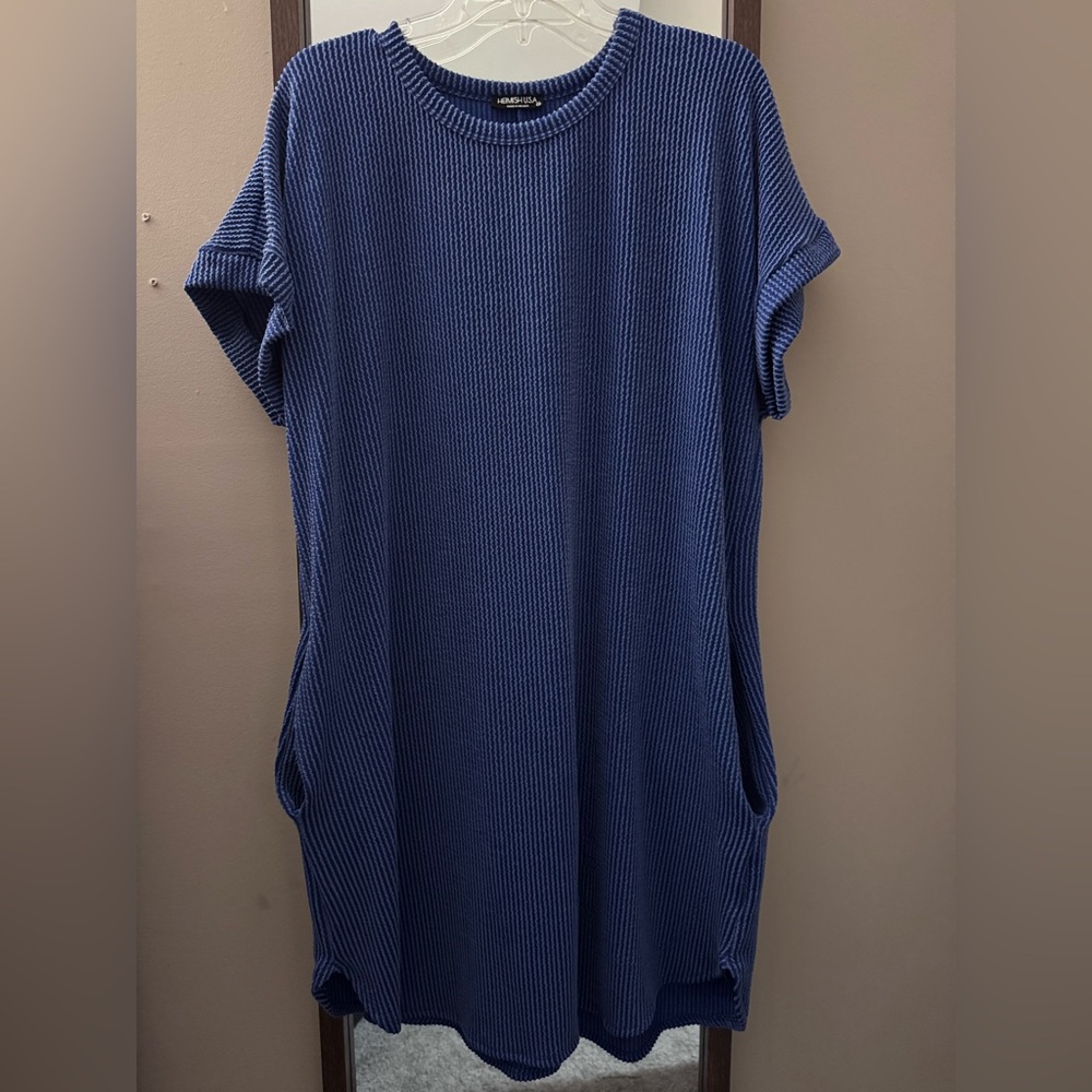 HEIMISH USA Blue Ribbed Knit Short Sleeve Tunic Dress